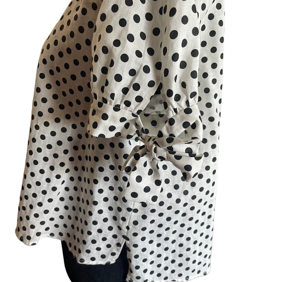 Zara linen shortsleeved bow detail polka dot cream & black button back top large - Picture 6 of 9
